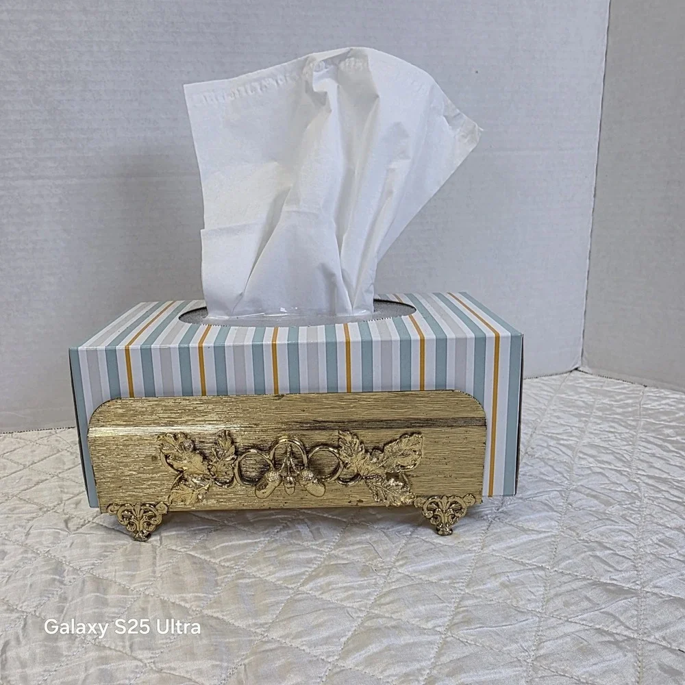 Vintage Hollywood Regency Gold Leaves Acorns Tissue Napkin Mail Holder Victorian